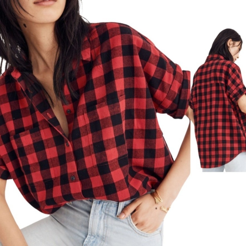 Madewell Womens Flannel Courier Shirt in Buffalo Check Short Sleeve Button Red L
